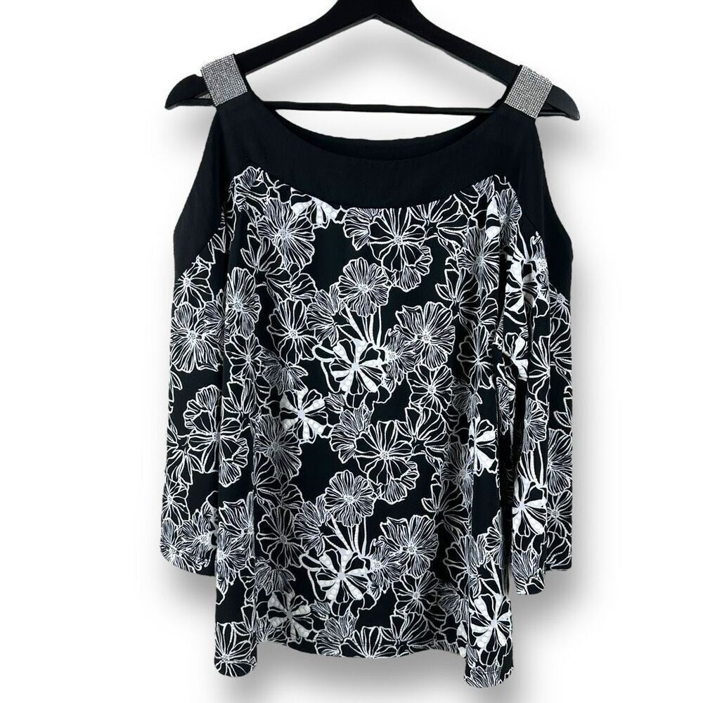 By Design Size L Rhinestone‎ Strap Cold Shoulder Top Black Floral Party Vacation